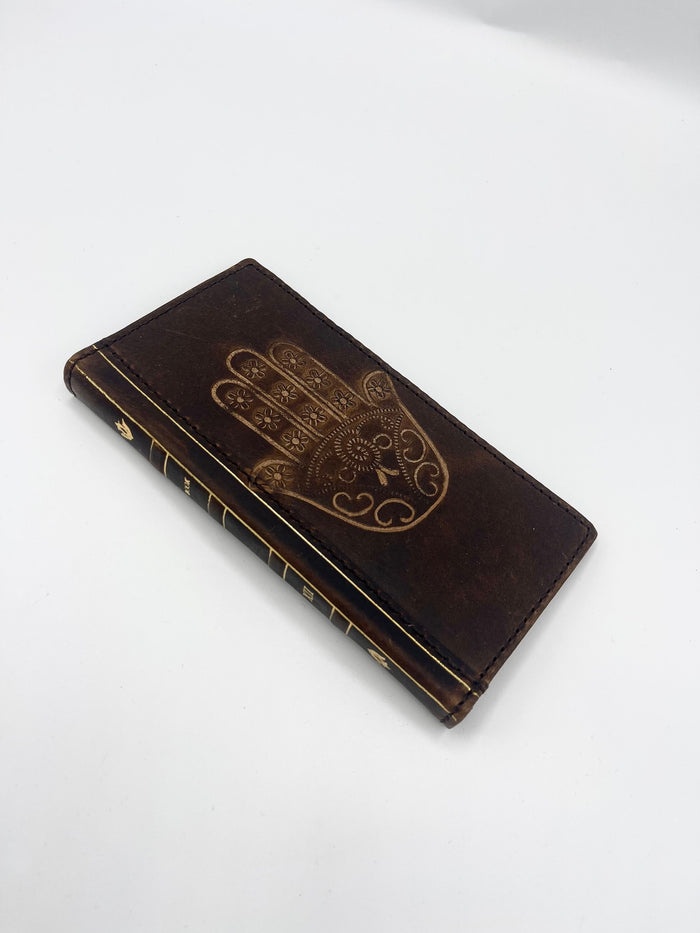 Handmade Leather iPhone Wallet Case: Hamsa Book Design