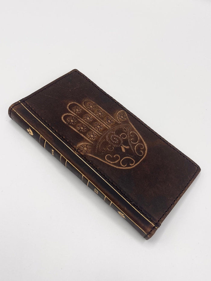 Handmade Leather iPhone Wallet Case: Hamsa Book Design