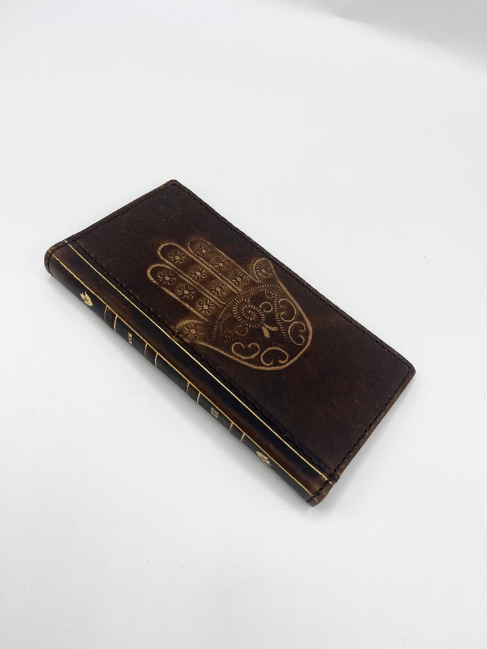 Handmade Leather iPhone Wallet Case: Hamsa Book Design