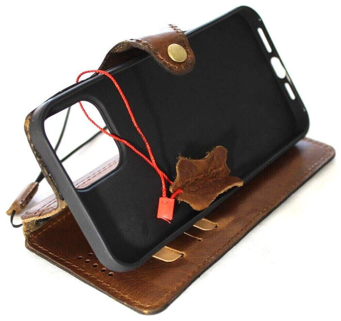 Handmade Leather iPhone Wallet Case: Vintage Art Design