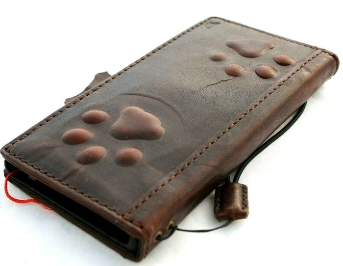 Handmade Leather iPhone Wallet Case: Vintage Dog Paw Embossed