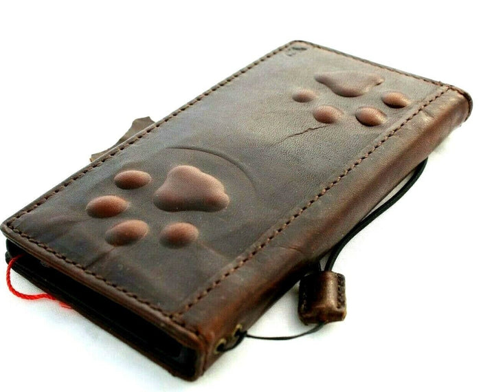 Handmade Leather iPhone Wallet Case: Vintage Dog Paw Embossed