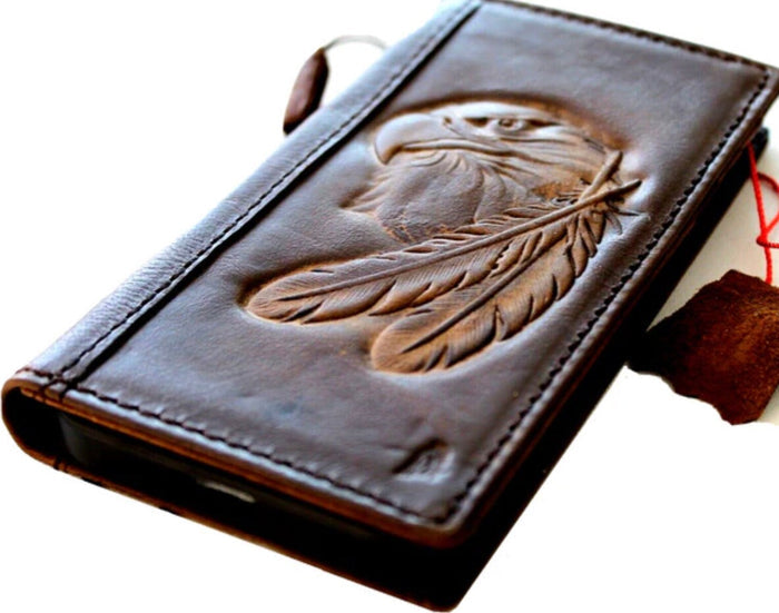 Handmade Leather iPhone Wallet Case: Vintage Eagle Embossed Cover