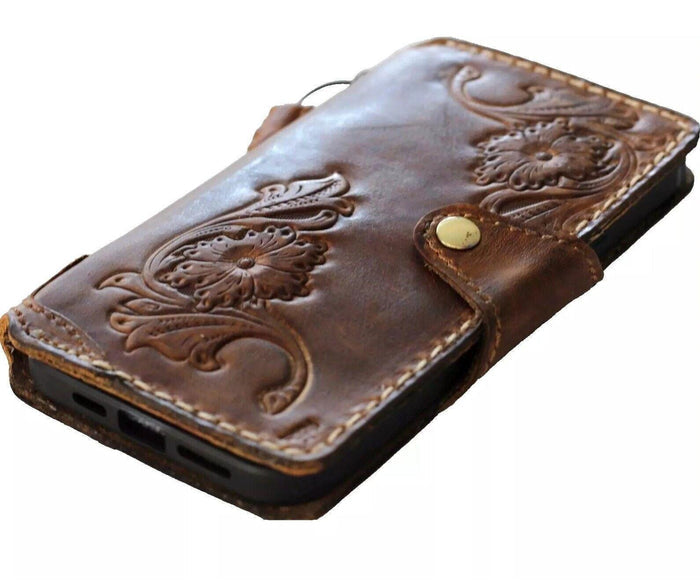 Handmade Leather iPhone Wallet Case: Vintage Floral Art Design