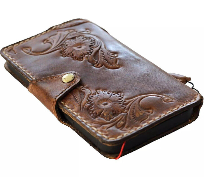 Handmade Leather iPhone Wallet Case: Vintage Floral Art Design