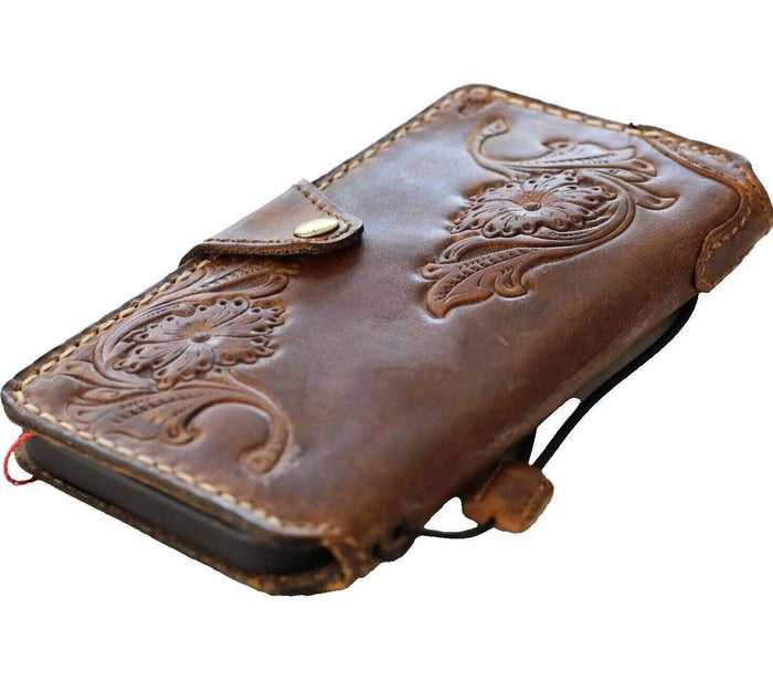 Handmade Leather iPhone Wallet Case: Vintage Floral Art Design