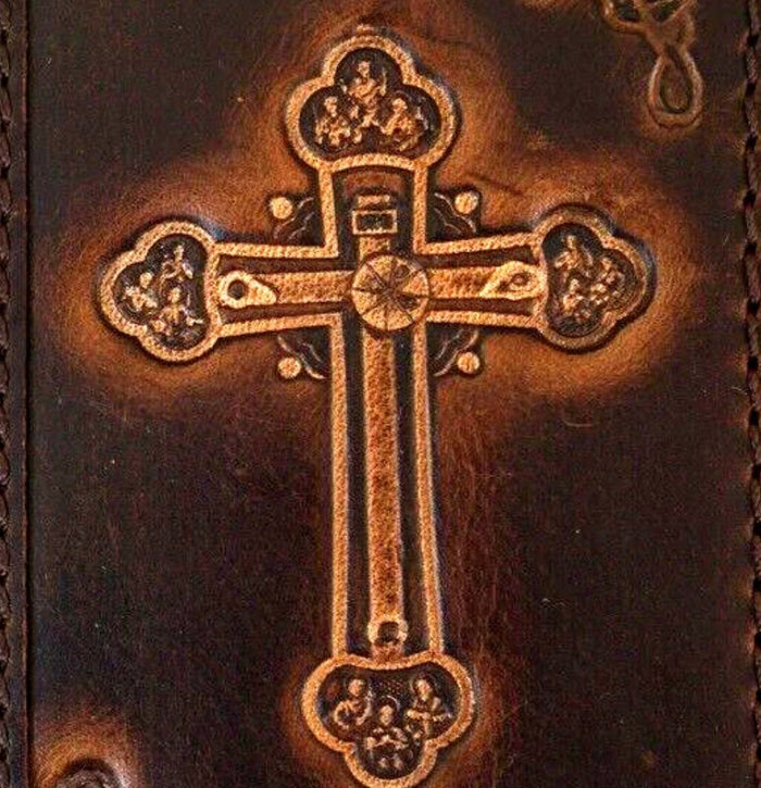 Handmade Leather iPhone Wallet Case: Vintage Jesus Cross Design
