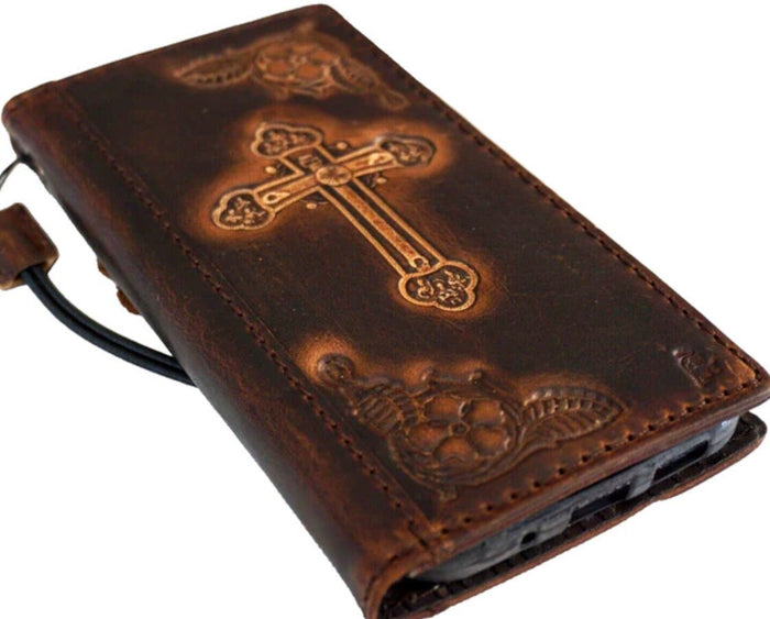 Handmade Leather iPhone Wallet Case: Vintage Jesus Cross Design