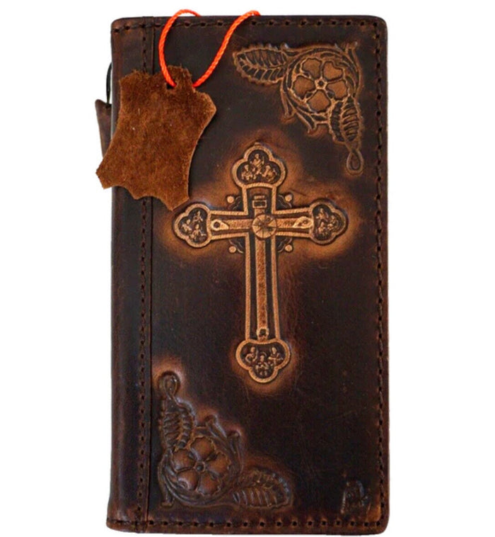 Handmade Leather iPhone Wallet Case: Vintage Jesus Cross Design