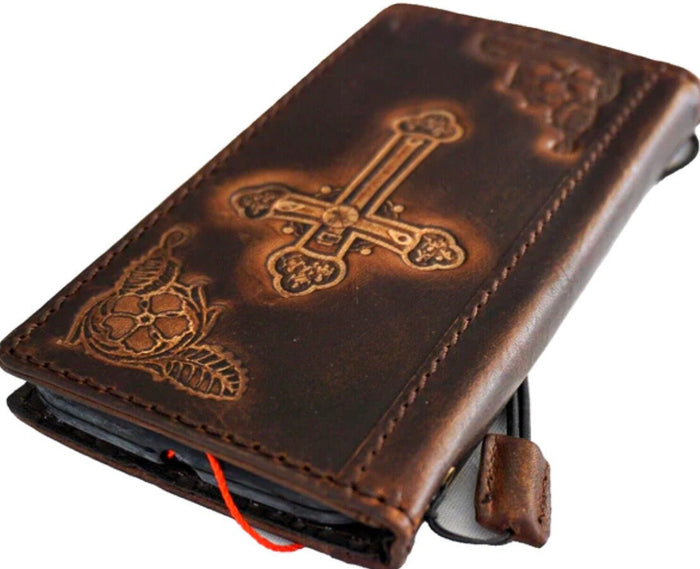 Handmade Leather iPhone Wallet Case: Vintage Jesus Cross Design