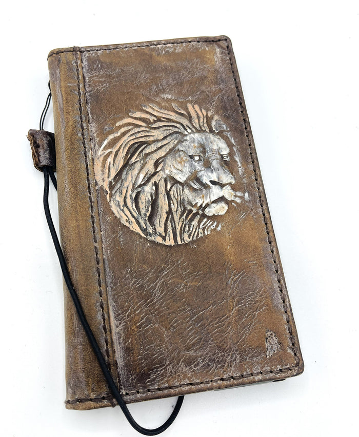 Handmade Leather iPhone Wallet Case: Vintage Lion Book Cover