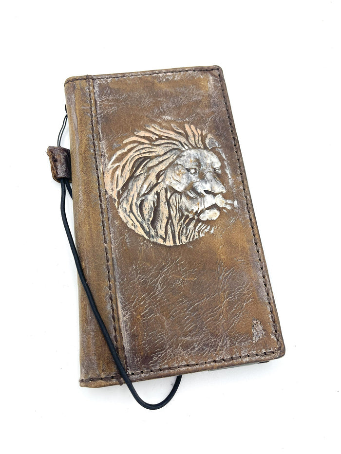 Handmade Leather iPhone Wallet Case: Vintage Lion Book Cover