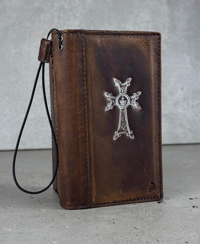 Handmade Leather iPhone Wallet Case: Vintage Silver Cross Design