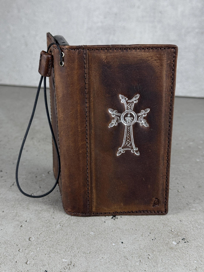 Handmade Leather iPhone Wallet Case: Vintage Silver Cross Design