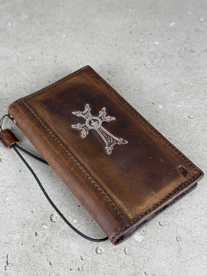 Handmade Leather iPhone Wallet Case: Vintage Silver Cross Design