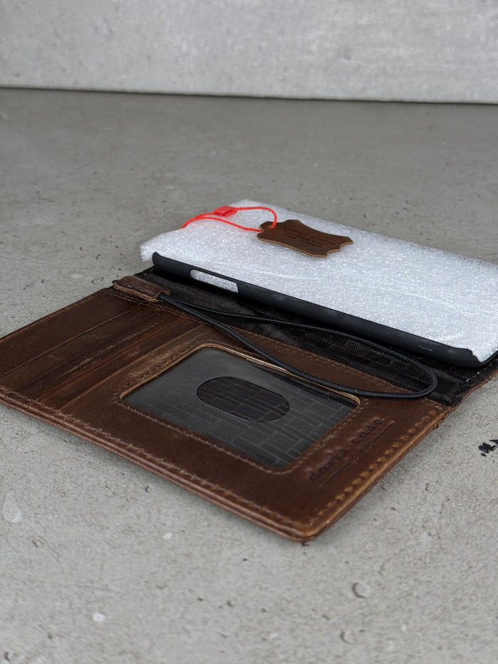 Handmade Leather iPhone Wallet Case: Vintage Silver Cross Design