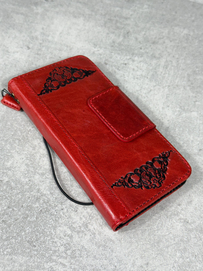 Handmade Leather iPhone Wallet Case: Vintage Stamped Book Cover