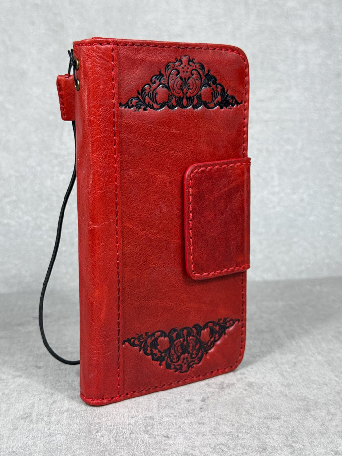 Handmade Leather iPhone Wallet Case: Vintage Stamped Book Cover