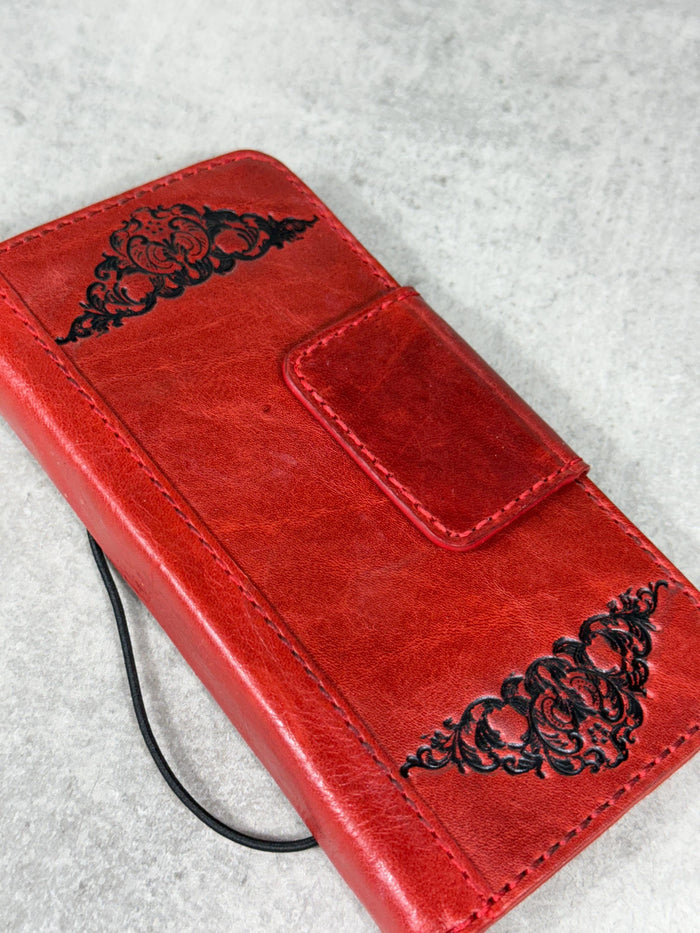 Handmade Leather iPhone Wallet Case: Vintage Stamped Book Cover