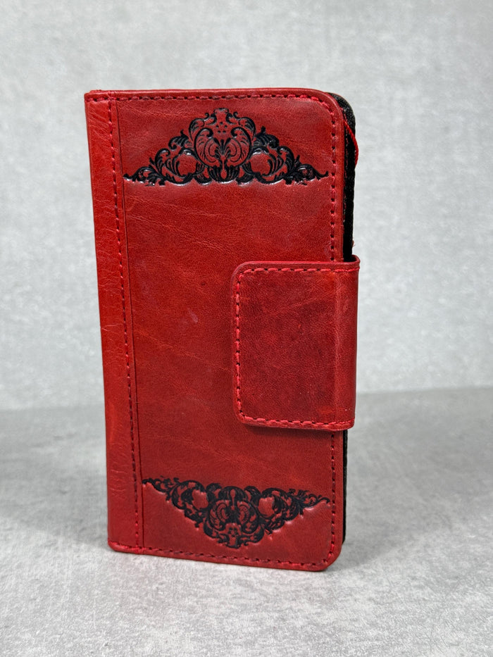 Handmade Leather iPhone Wallet Case: Vintage Stamped Book Cover