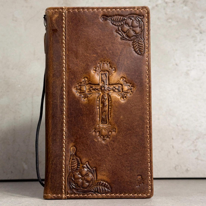 Handmade Leather iPhone Wallet Case: Vintage Stamped Cross Design