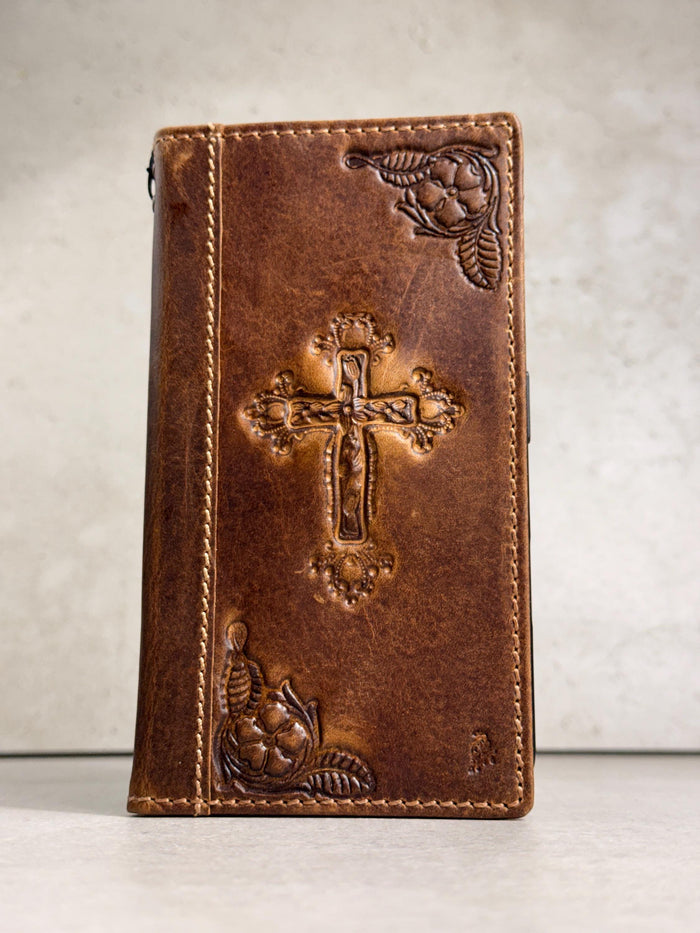 Handmade Leather iPhone Wallet Case: Vintage Stamped Cross Design