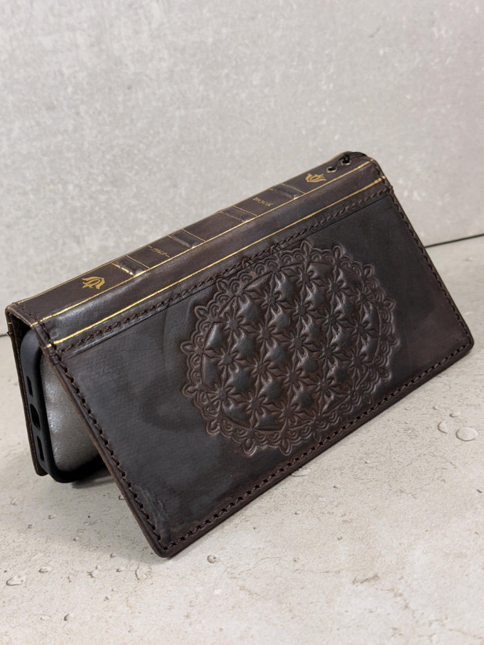 Handmade Leather iPhone Wallet Case: Vintage Stamped Cross Design