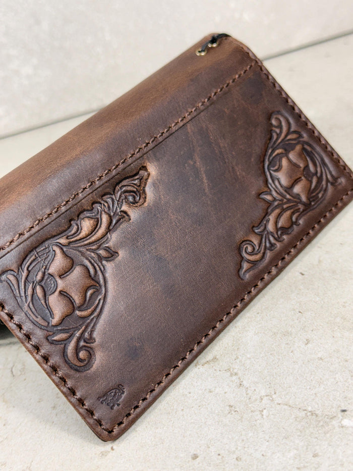 Handmade Leather iPhone Wallet Case: Vintage Stamped Cross Design