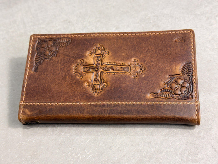 Handmade Leather iPhone Wallet Case: Vintage Stamped Cross Design