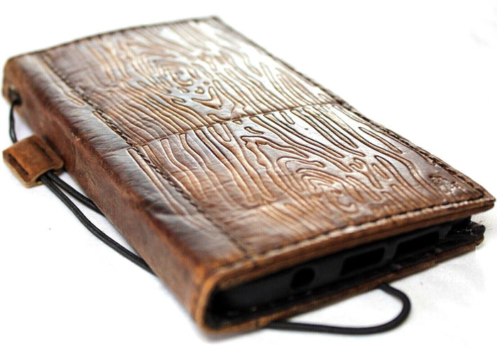 Handmade Leather iPhone Wallet Case: Vintage Wood Art Design