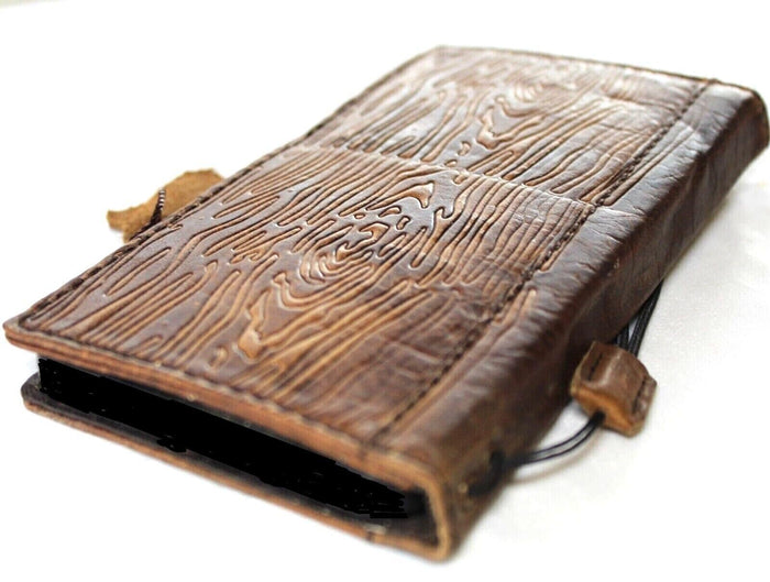 Handmade Leather iPhone Wallet Case: Vintage Wood Art Design