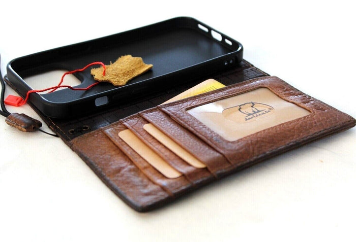 Handmade Leather iPhone Wallet Case: Vintage Wood Art Design
