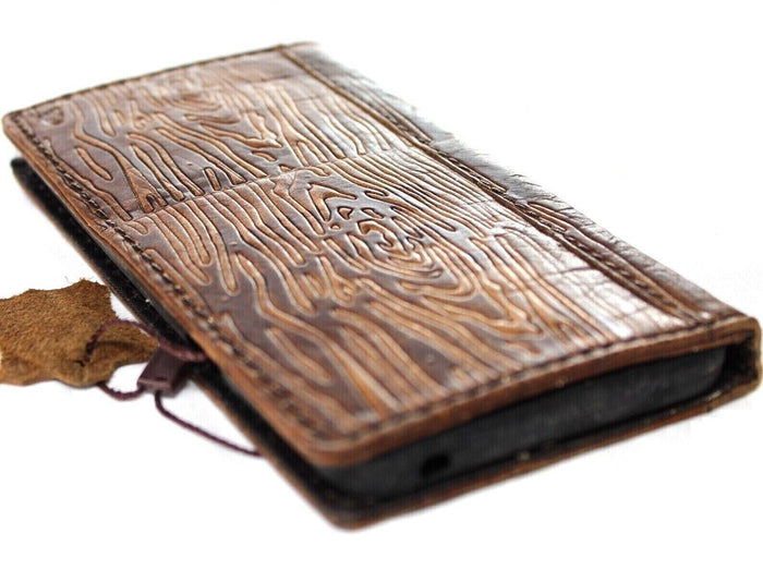 Handmade Leather iPhone Wallet Case: Vintage Wood Art Design