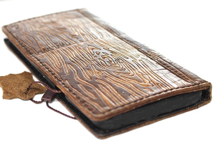 Handmade Leather iPhone Wallet Case: Vintage Wood Art Design