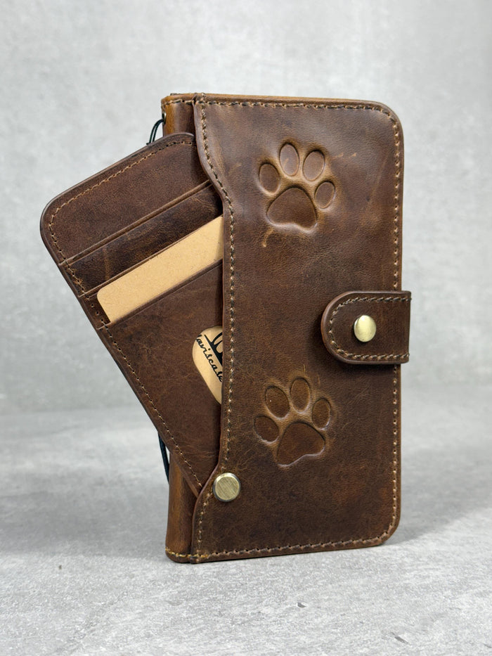 Handmade Leather OnePlus Case: Paw Print Dog Art Wallet