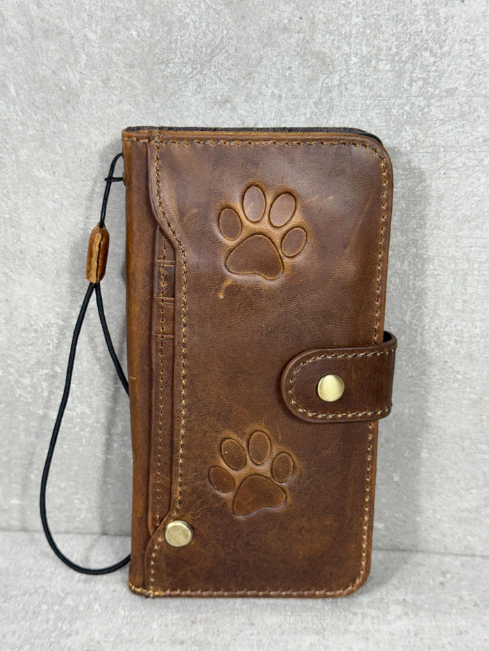 Handmade Leather OnePlus Case: Paw Print Dog Art Wallet