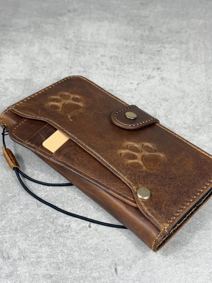 Handmade Leather OnePlus Case: Paw Print Dog Art Wallet