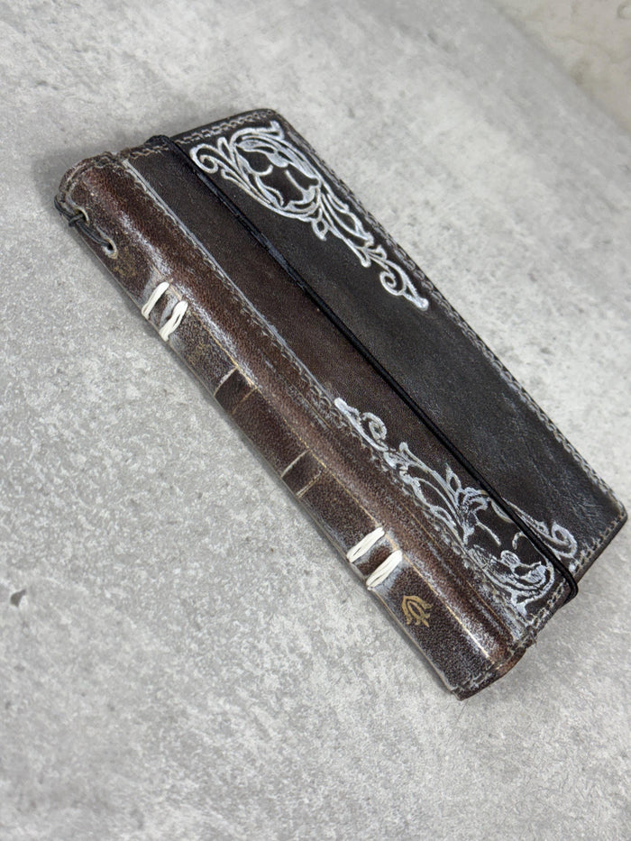 Handmade Leather Phone Wallet: Book Style Cover with Gold Decorations