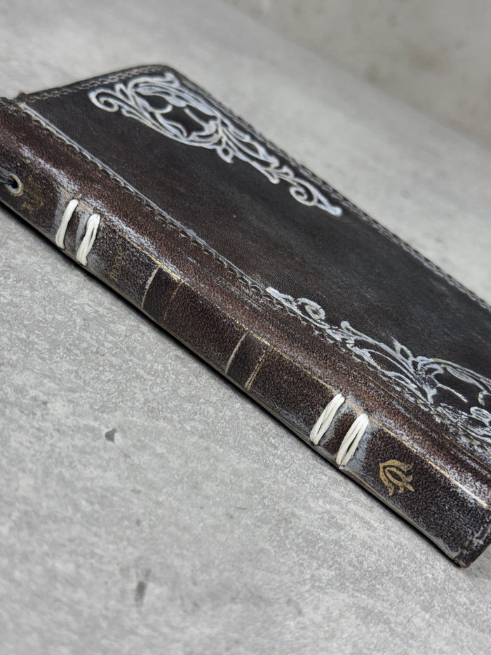 Handmade Leather Phone Wallet: Book Style Cover with Gold Decorations