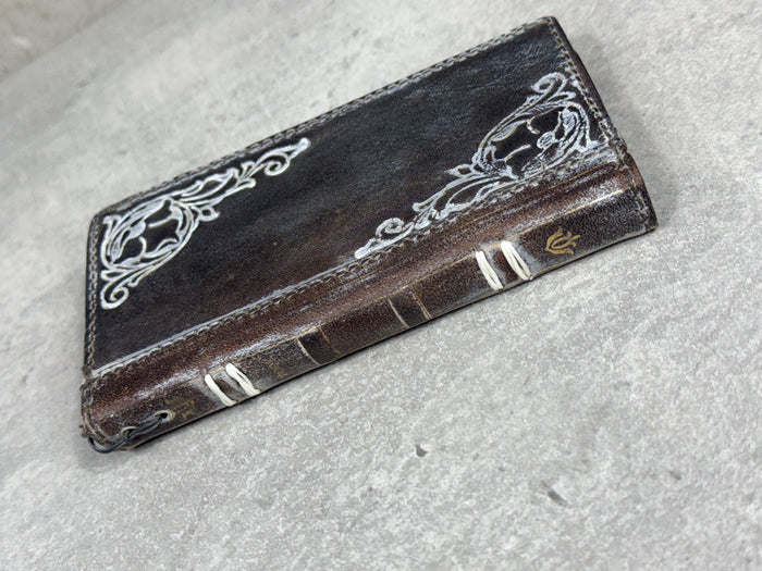 Handmade Leather Phone Wallet: Book Style Cover with Gold Decorations
