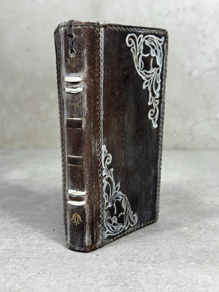 Handmade Leather Phone Wallet: Book Style Cover with Gold Decorations