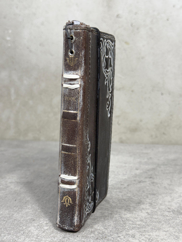 Handmade Leather Phone Wallet: Book Style Cover with Gold Decorations