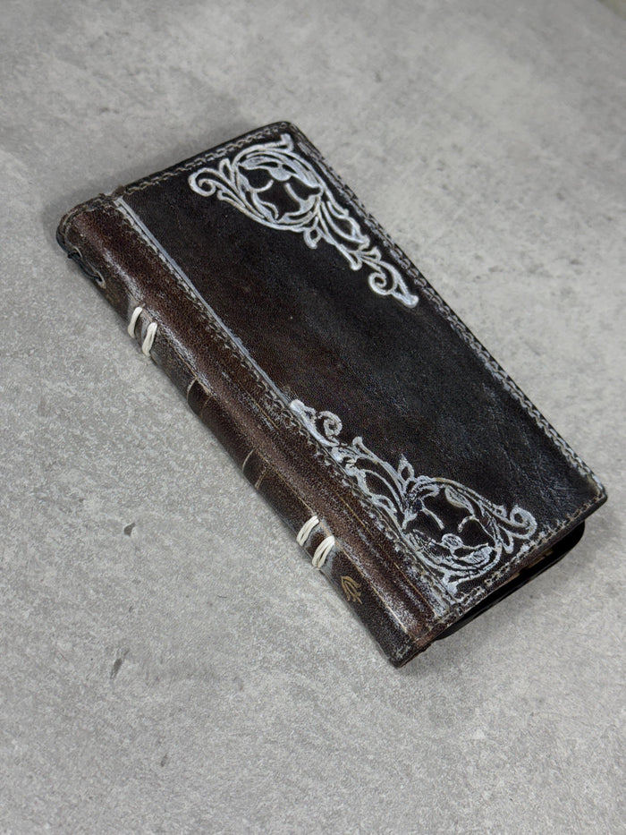 Handmade Leather Phone Wallet: Book Style Cover with Gold Decorations
