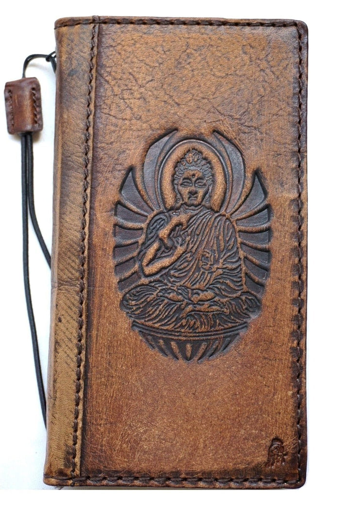 Handmade Leather Phone Wallet Case: Buddha Book Design