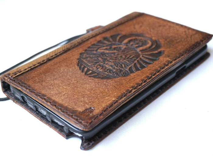 Handmade Leather Phone Wallet Case: Buddha Book Design