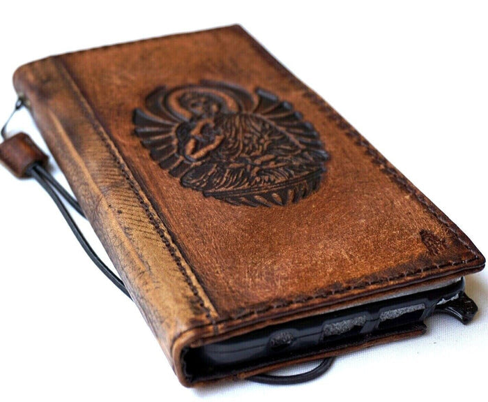 Handmade Leather Phone Wallet Case: Buddha Book Design