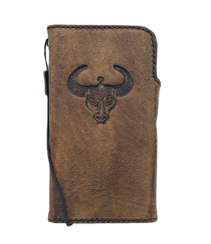 Handmade Leather Wallet Case: Bull Stamp, Card Slots