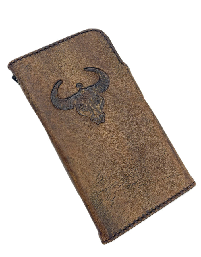 Handmade Leather Wallet Case: Bull Stamp, Card Slots