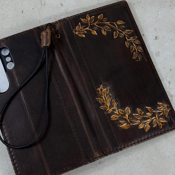 Handmade Leather Wallet Case: Floral Book Design for Galaxy S21/S22/S23/S24/S25