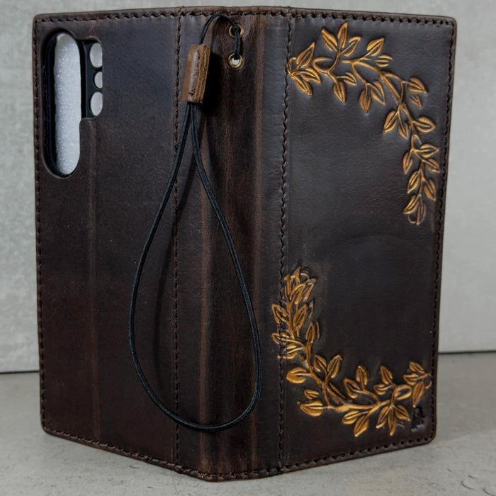 Handmade Leather Wallet Case: Floral Book Design for Galaxy S21/S22/S23/S24/S25